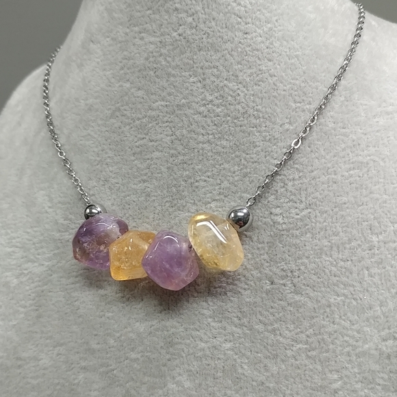 Citrine Amethyst Necklace Natural Gemstone Crystal Pendant Stainless-Steel 19.5" - Picture 6 of 11